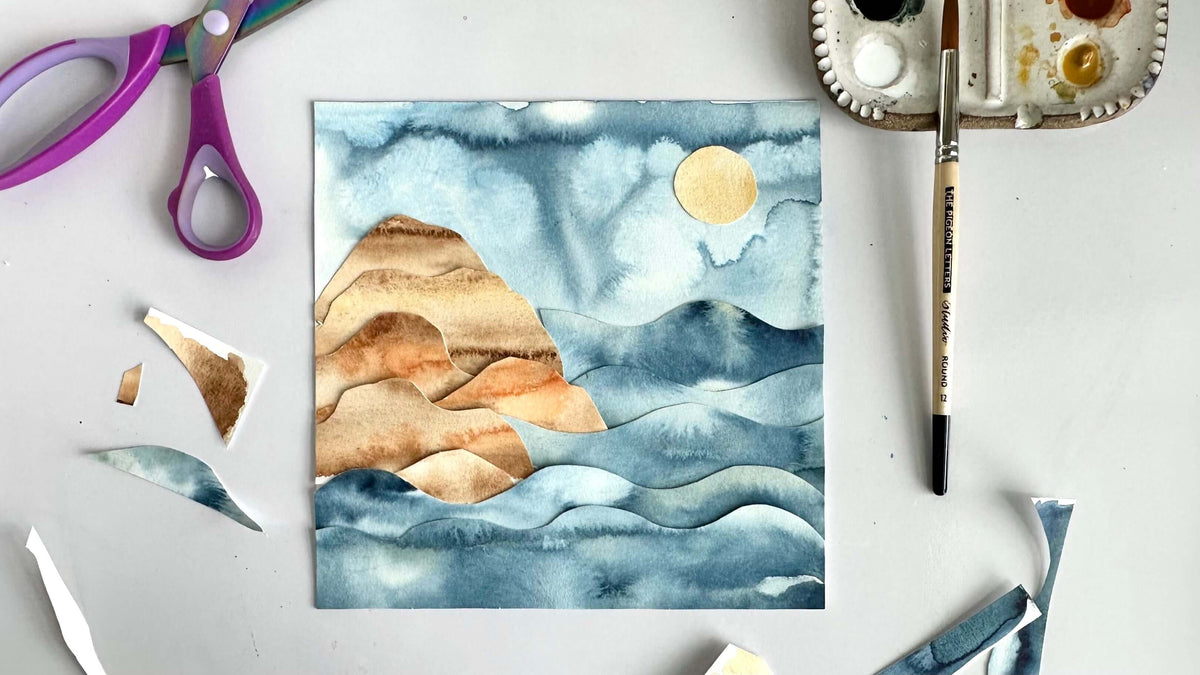 Papercut watercolor seascape collage