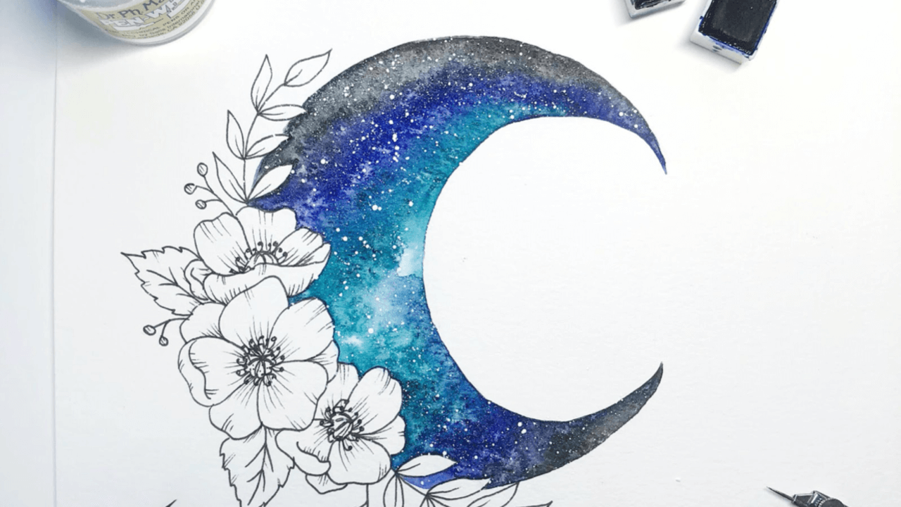 Floral + Watercolor Galaxy Moon Tutorial