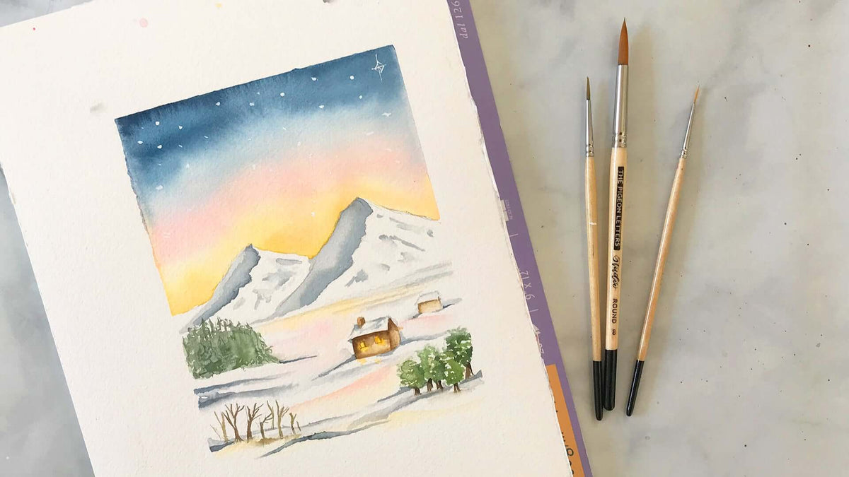 Winter landscape watercolor tutorial
