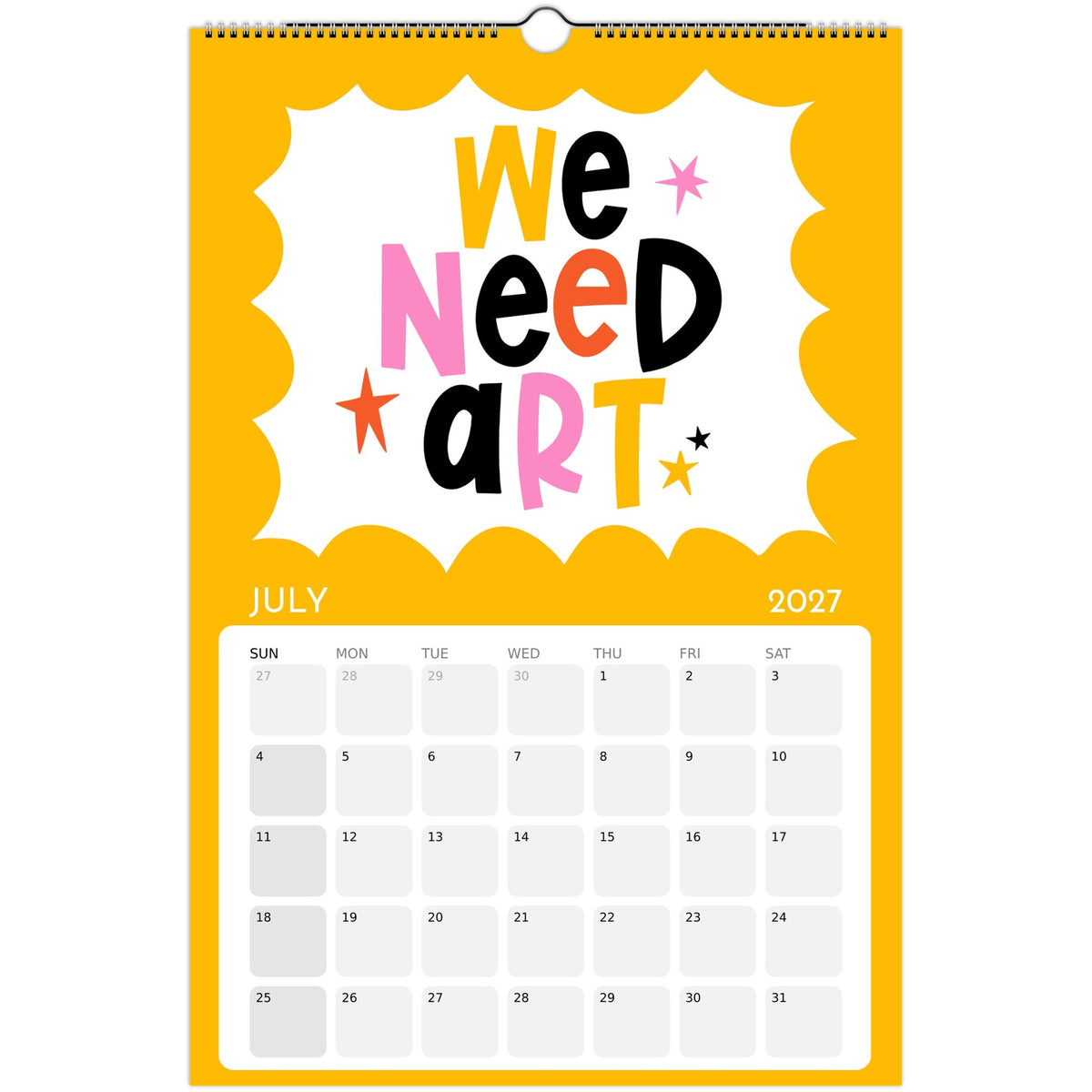 August page of the Art or Nothing 2027 wall calendar for artists with colorful hand-lettered artwork
