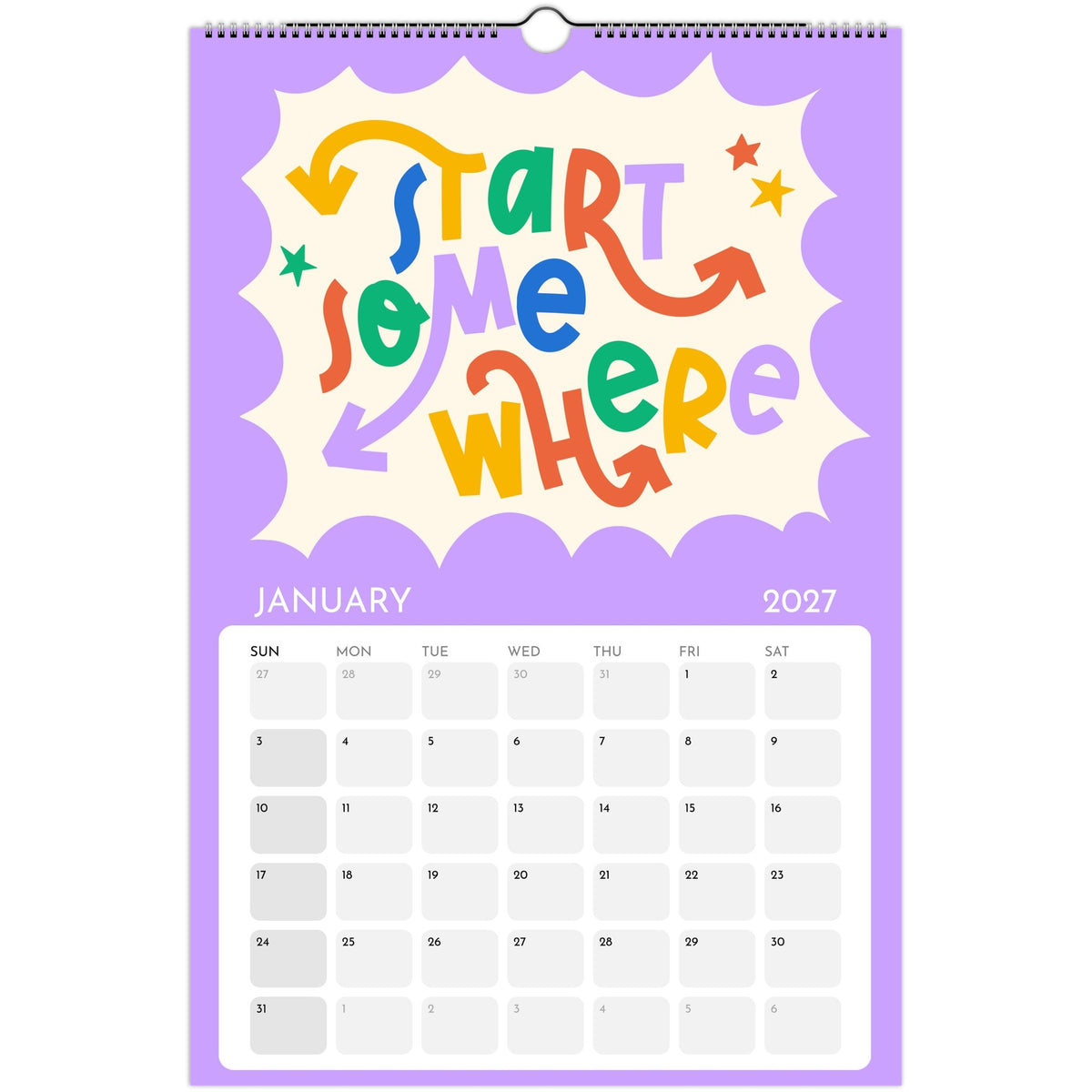 January page of the Art or Nothing 2027 wall calendar for artists with colorful hand-lettered artwork