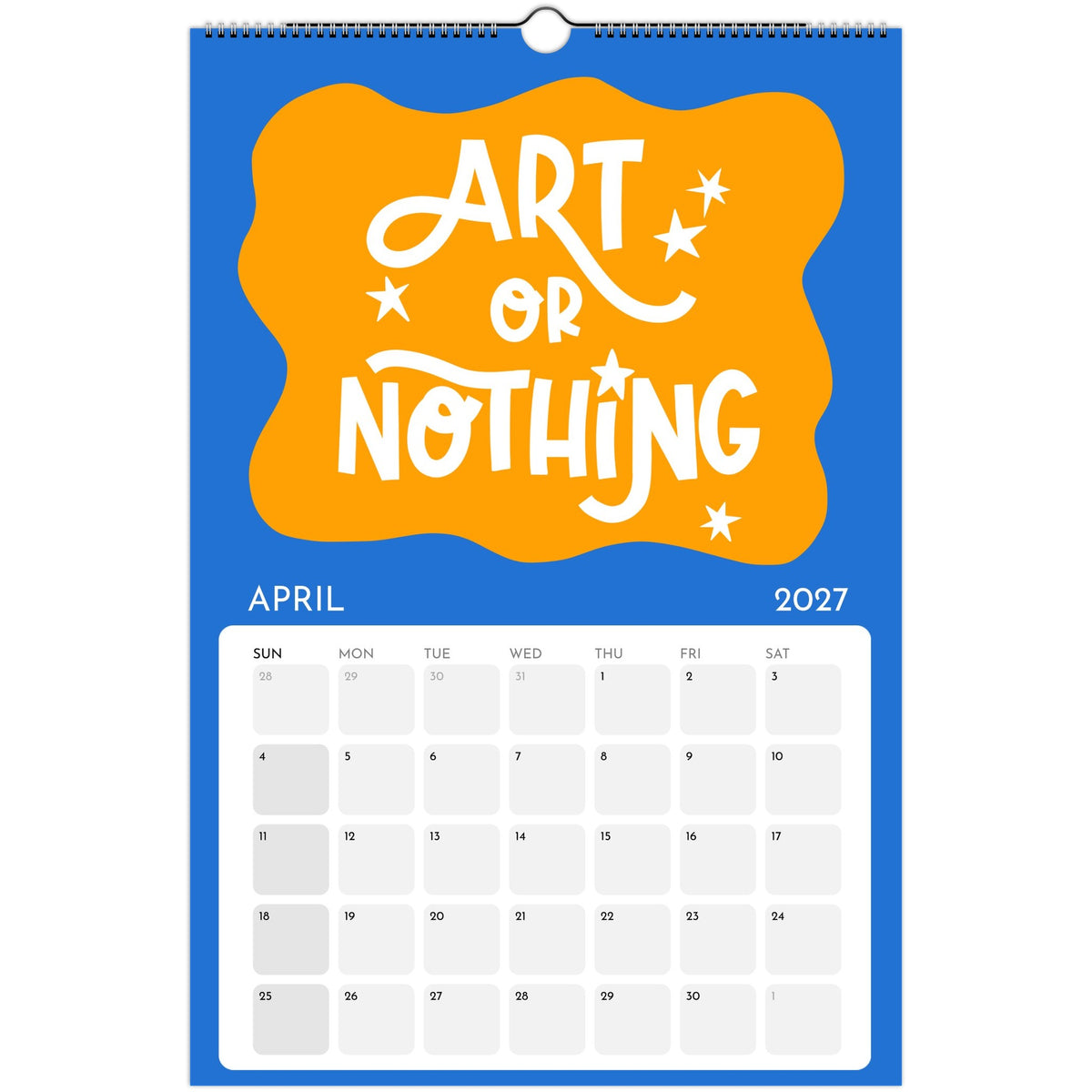 June page of the Art or Nothing 2027 wall calendar for artists with colorful hand-lettered artwork