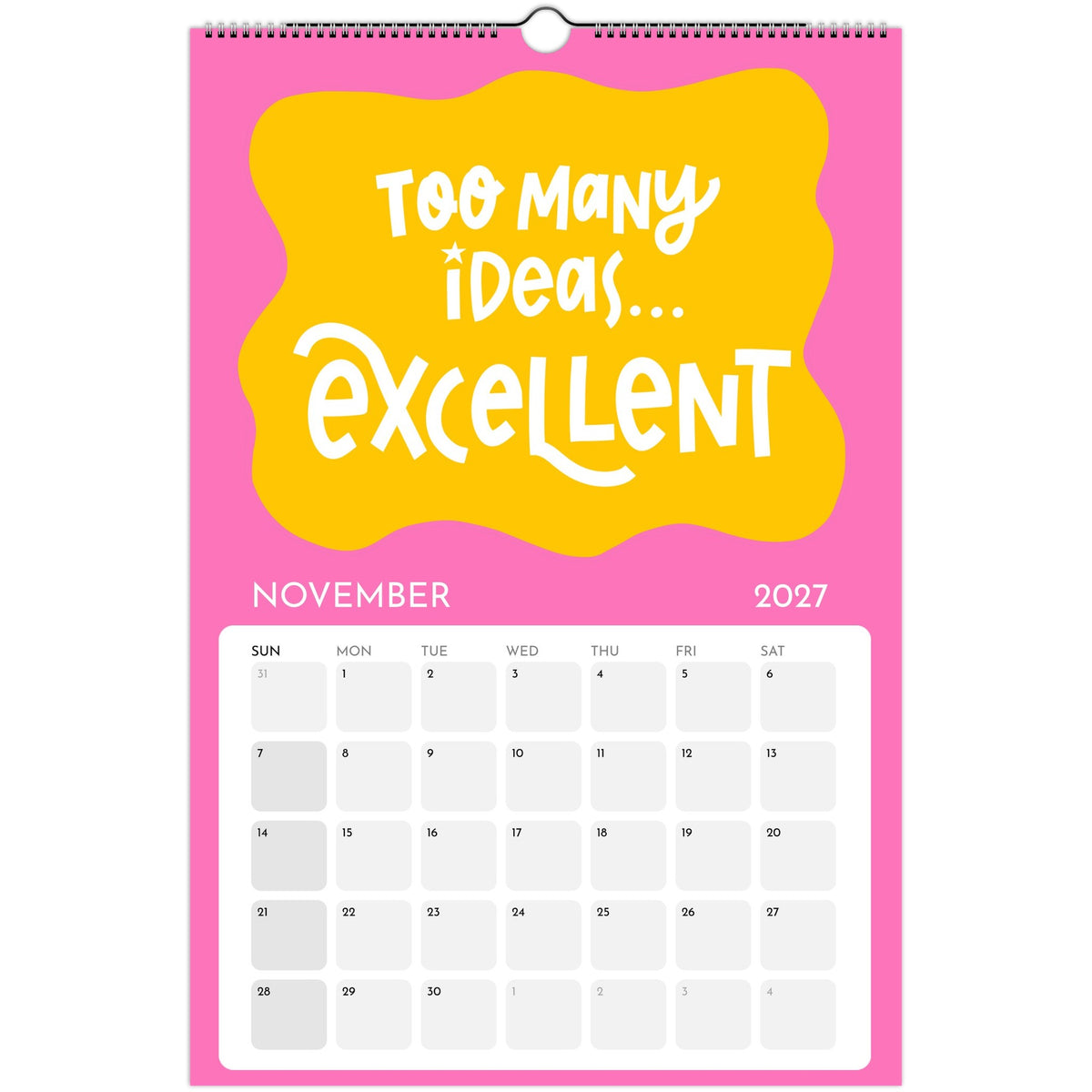 November page of the Art or Nothing 2027 wall calendar for artists with colorful hand-lettered artwork