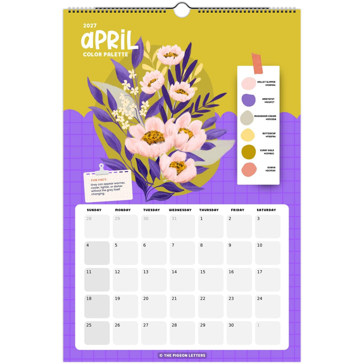 April page of the Color Palette 2027 wall calendar for artists with a curated color palette and original illustration