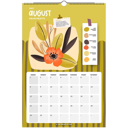 August page of the Color Palette 2027 wall calendar for artists with a curated color palette and original illustration