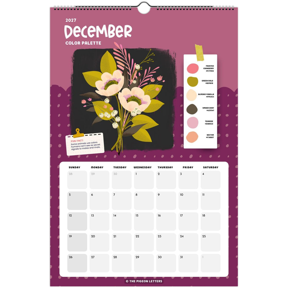 December page of the Color Palette 2027 wall calendar for artists with a curated color palette and original illustration
