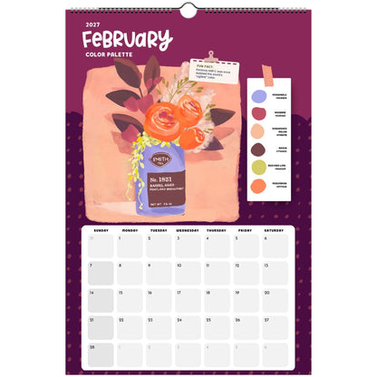February page of the Color Palette 2027 wall calendar for artists with a curated color palette and original illustration