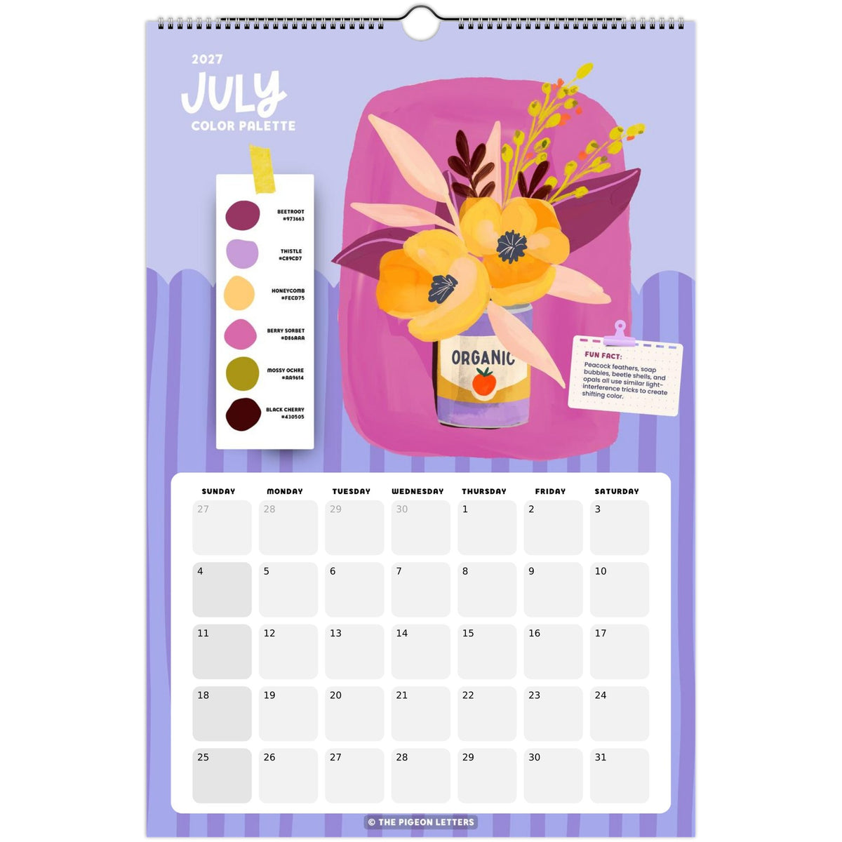 July page of the Color Palette 2027 wall calendar for artists with a curated color palette and original illustration