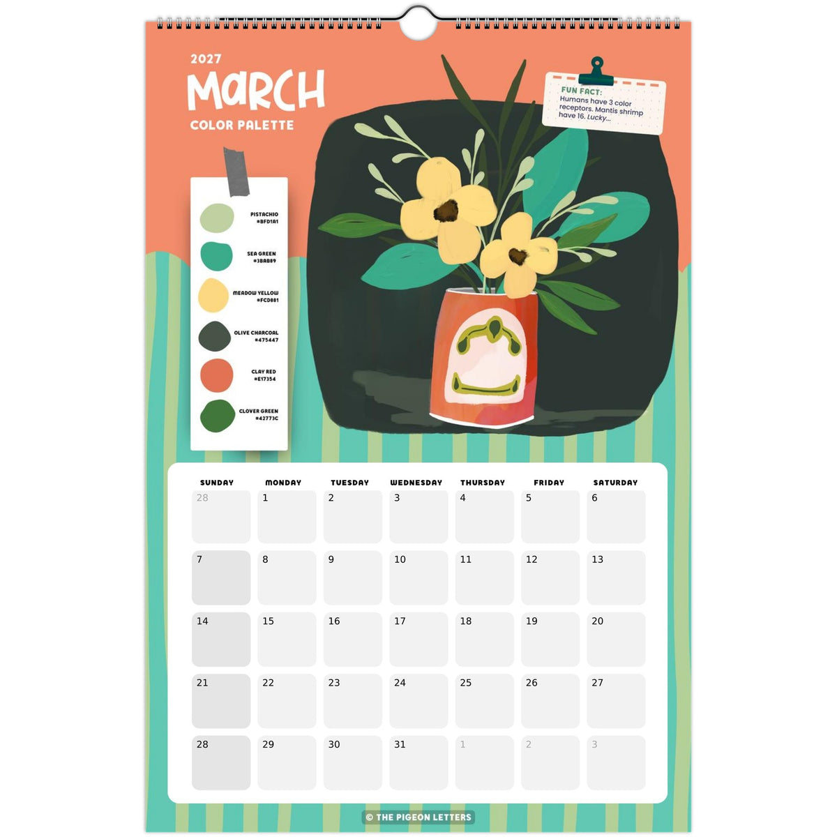 March page of the Color Palette 2027 wall calendar for artists with a curated color palette and original illustration