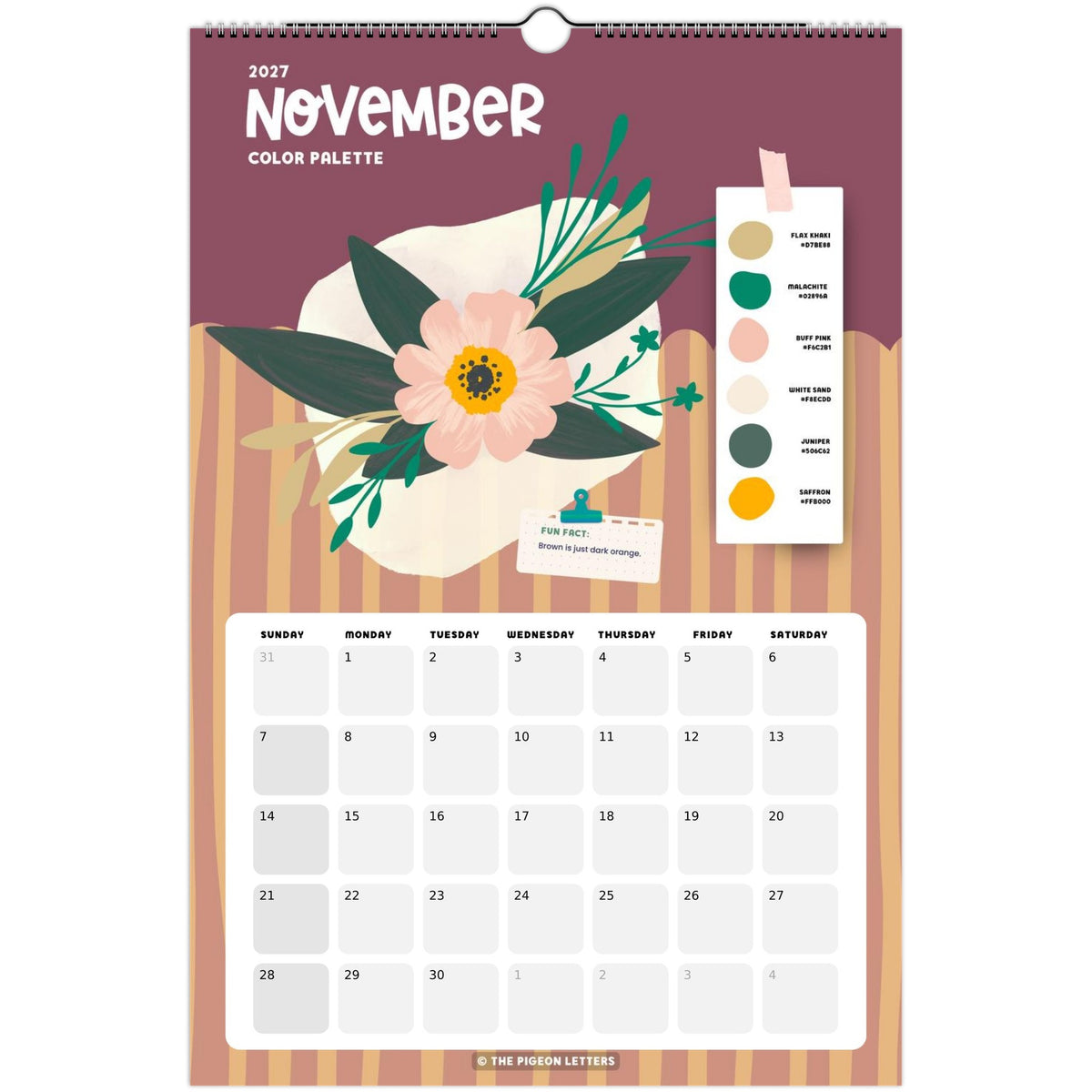 November page of the Color Palette 2027 wall calendar for artists with a curated color palette and original illustration