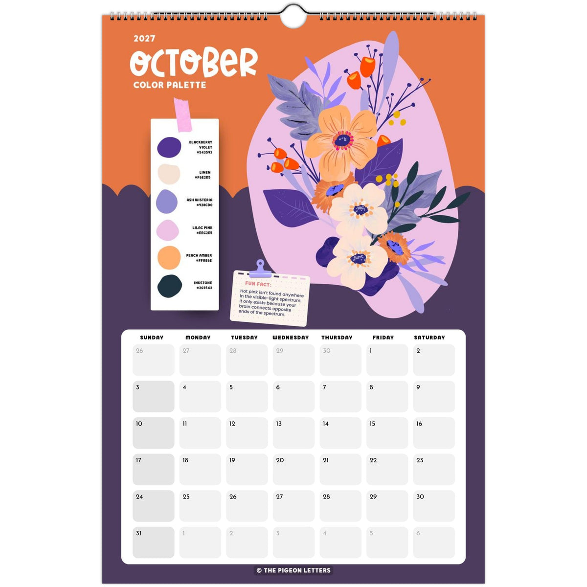 October page of the Color Palette 2027 wall calendar for artists with a curated color palette and original illustration
