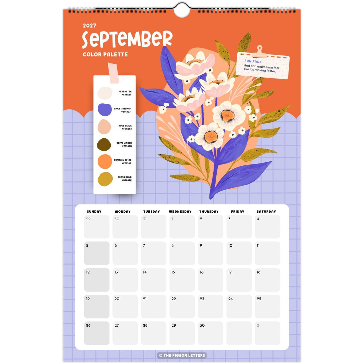 September page of the Color Palette 2027 wall calendar for artists with a curated color palette and original illustration