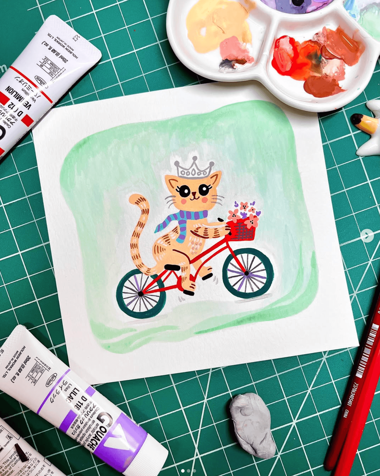 cat riding a bicycle gouache painting