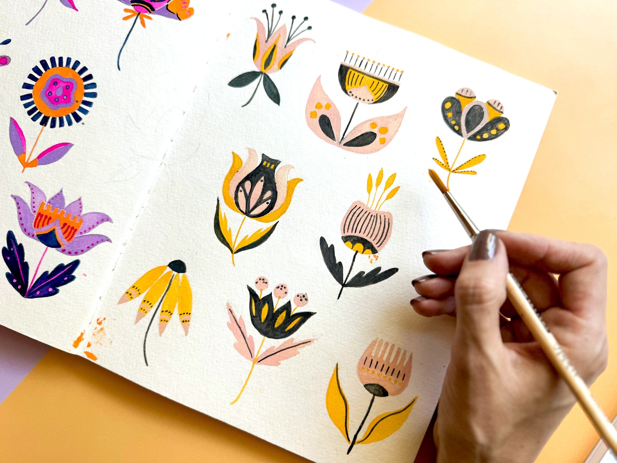 modern folk art sketchbook spread